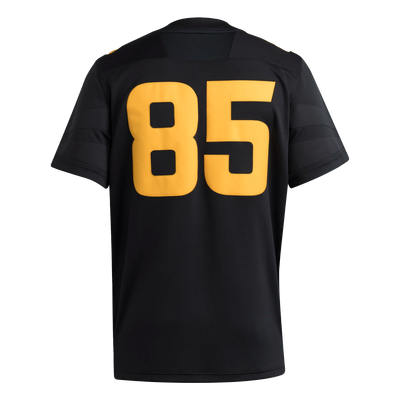 back of black football jersey with #85
