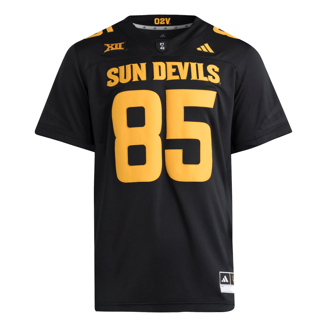 black football jersey with "Sun Devils", #85, the Big12 logo, and the Adidas logo in gold. #85 in gold on the tops of both shoulders. 