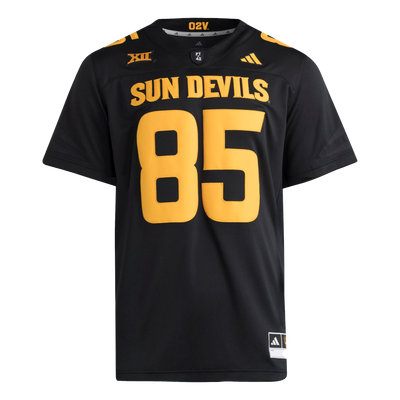 black football jersey with "Sun Devils", #85, the Big12 logo, and the Adidas logo in gold. #85 in gold on the tops of both shoulders. 