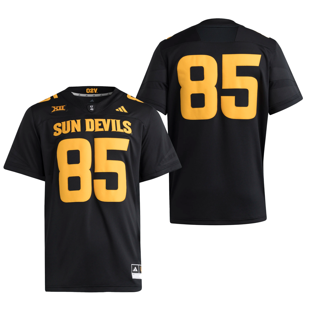 Image of both side of black and gold Sun Devils football jersey.