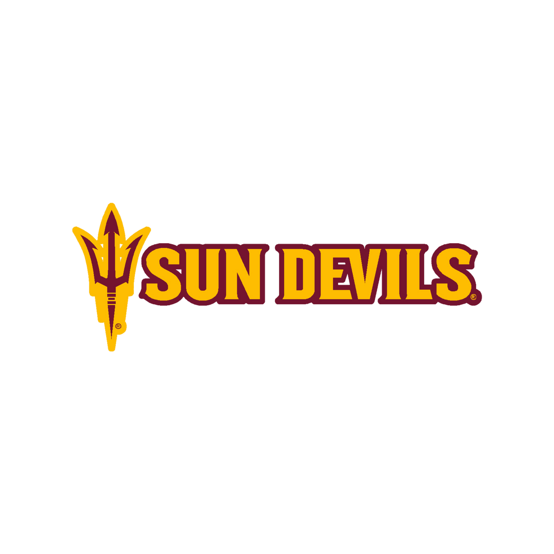 Decal with a mini pitchfork in maroon, outlined in gold. Followed by the 'Sun Devils' logo in gold, outlined in maroon.