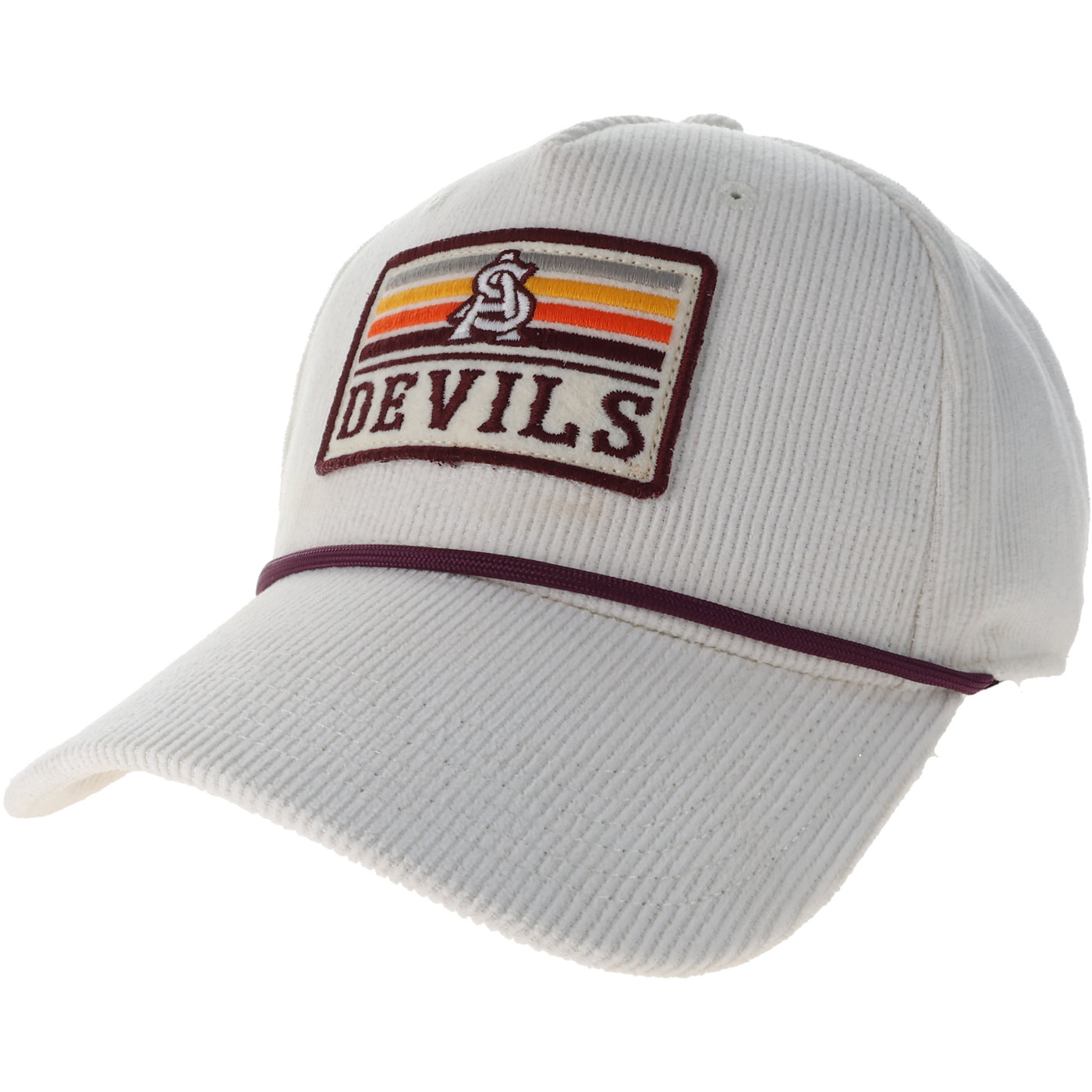 White corduroy with maroon rope outlining the front above the brim, maroon outlined patch with sunset stripes maroon outlined interlocking A&S above enlarged 