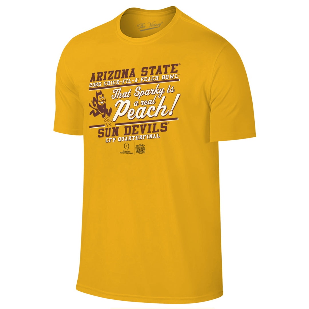 Gold short sleeve tee with "Arizona State" over "2025 Chick-Fil-A peach Bowl" and "That Sparky is a real Peach" in white cursive letters with charging Sparky on the right, "Sun Devils' and "CFP Quarterfinal underneath with Playoff Quarterfinal and Chick-Fil-A Peach Bowl logos
