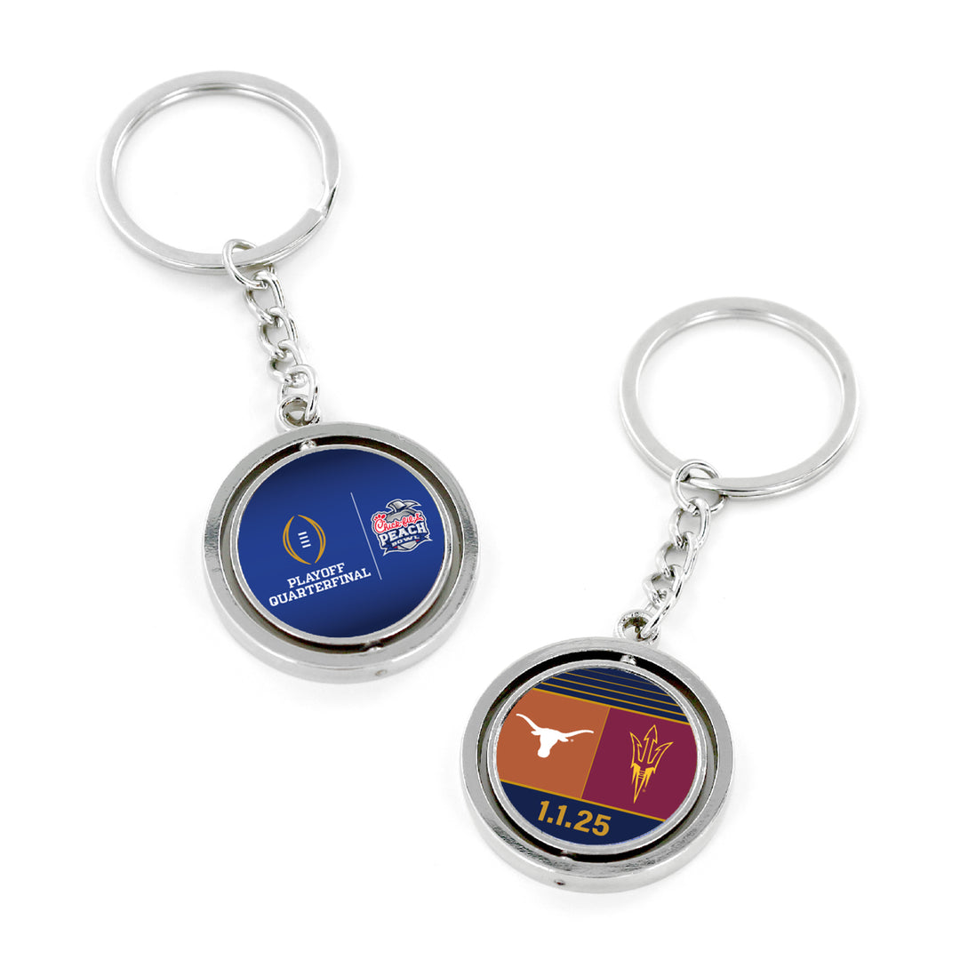 Keychain with circular roatating disk, one side Playoff Quarterfinal and Chick-Fil-A Peach Bowl logos on a blue background, the other side Texas State Longhorns and Arizona State pitchfork in their school colors side by side with 1.1.25 below