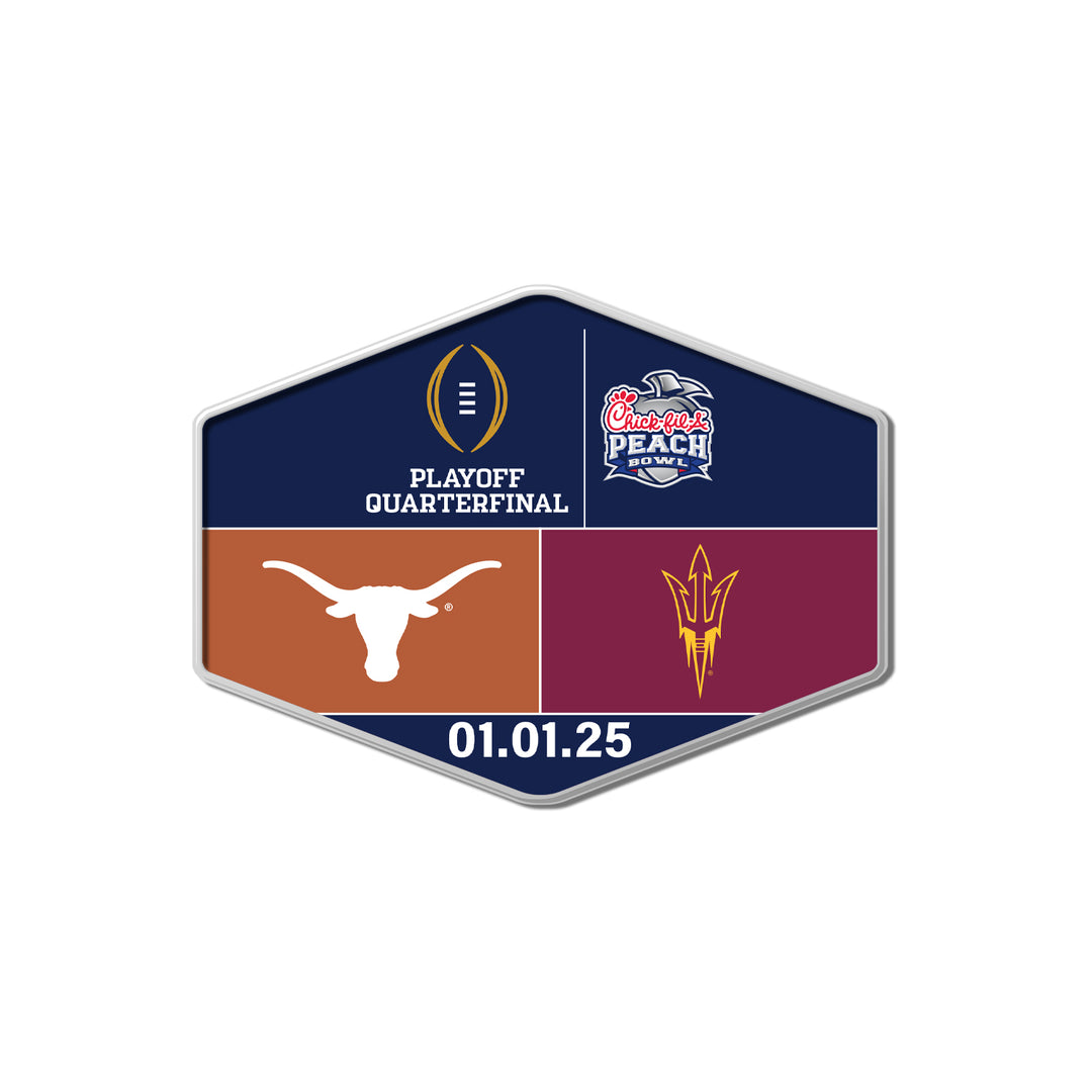 Elongated hexagon with steal outline, Playoff Quarterfinal and Chick-Fil-A Peach Bowl logos over blue background on top, Texas Longhorn and ASU Pitchfork in school colors in the center, "01.01.25" in white over blue background on the bottom