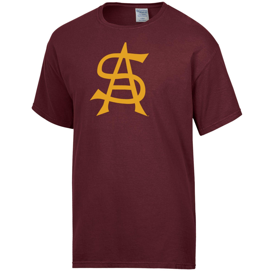 Maroon t-shirt with yellow logo on a white background