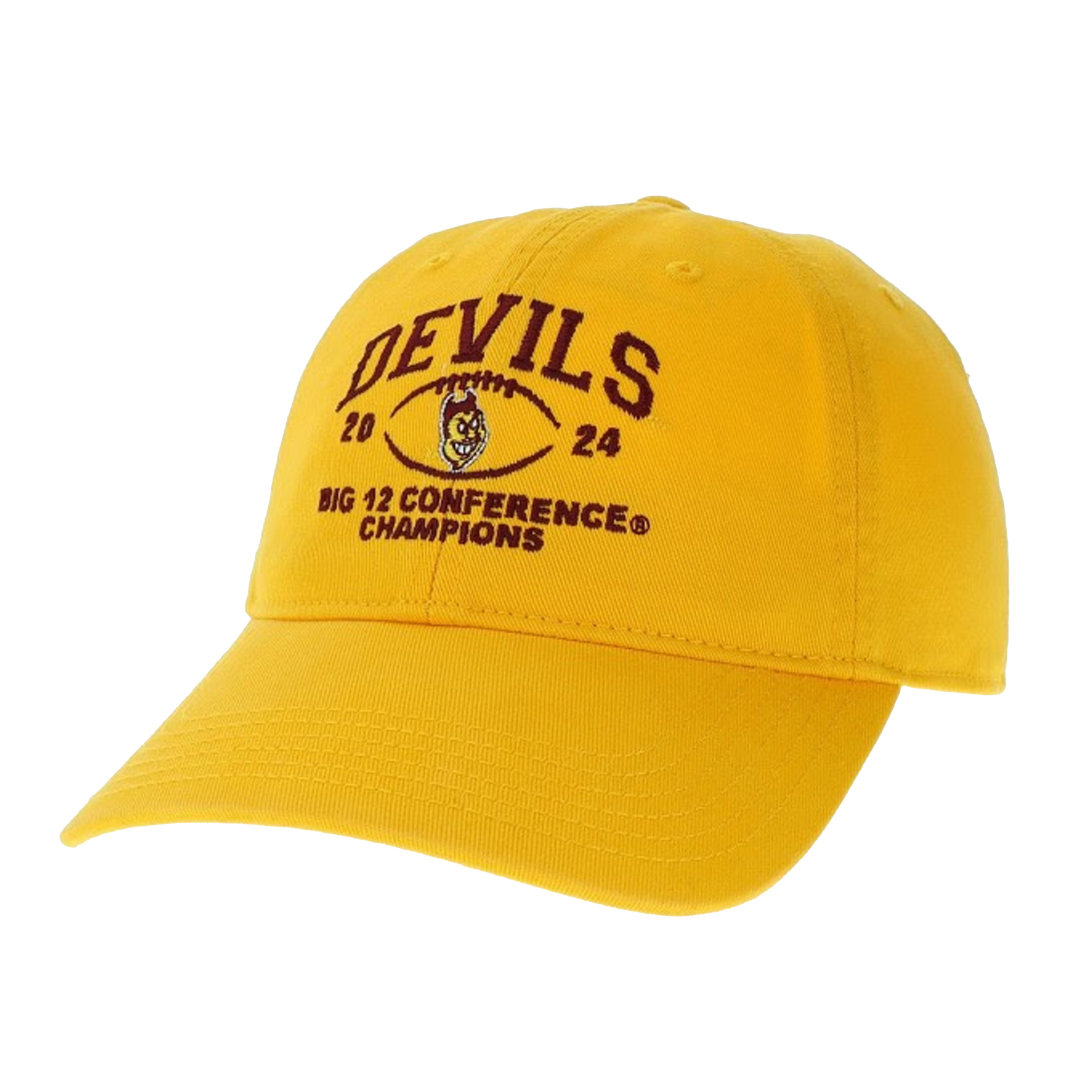 Gold baseball style hat with "Devils" in maroon over  "Big 12 Conference Champions" in maroon split up with 20, and stitched football with Sparky head inside, 24 in maroon