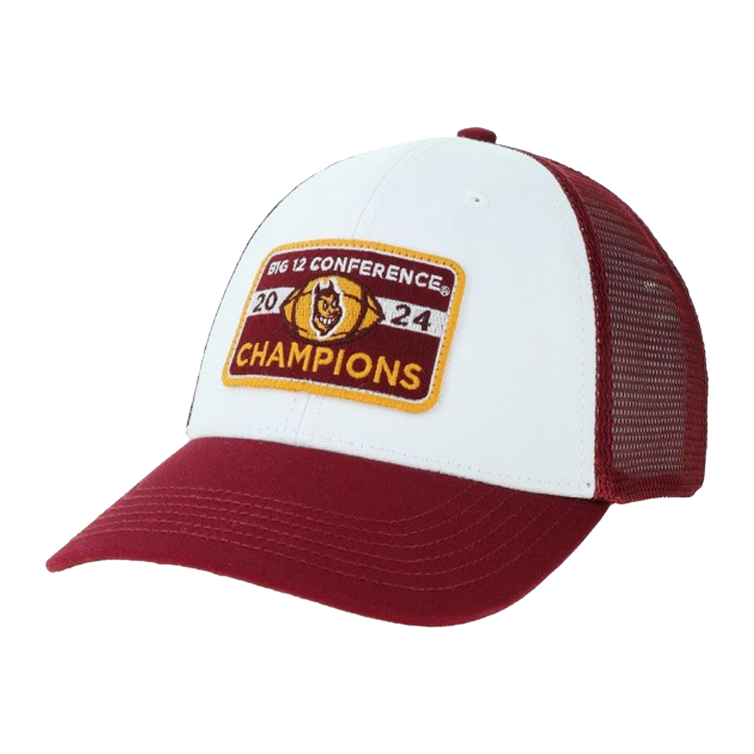 Maroon brim and mesh in the back, white front on the cap with gold outlined patch with "Big 12 Conference" in white over "Champions" in gold split up by 20, maroon and gold football with Sparky head, 24 in maroon over maroon and white background