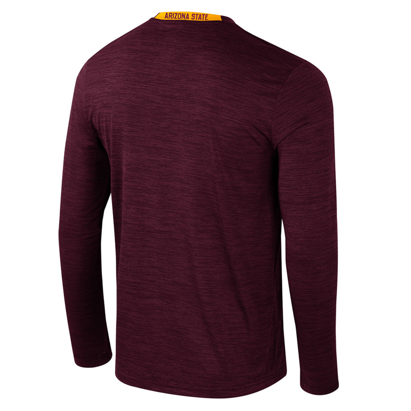 ASU maroon long sleeve. There is a gold strip on the back of the collar area that reads 