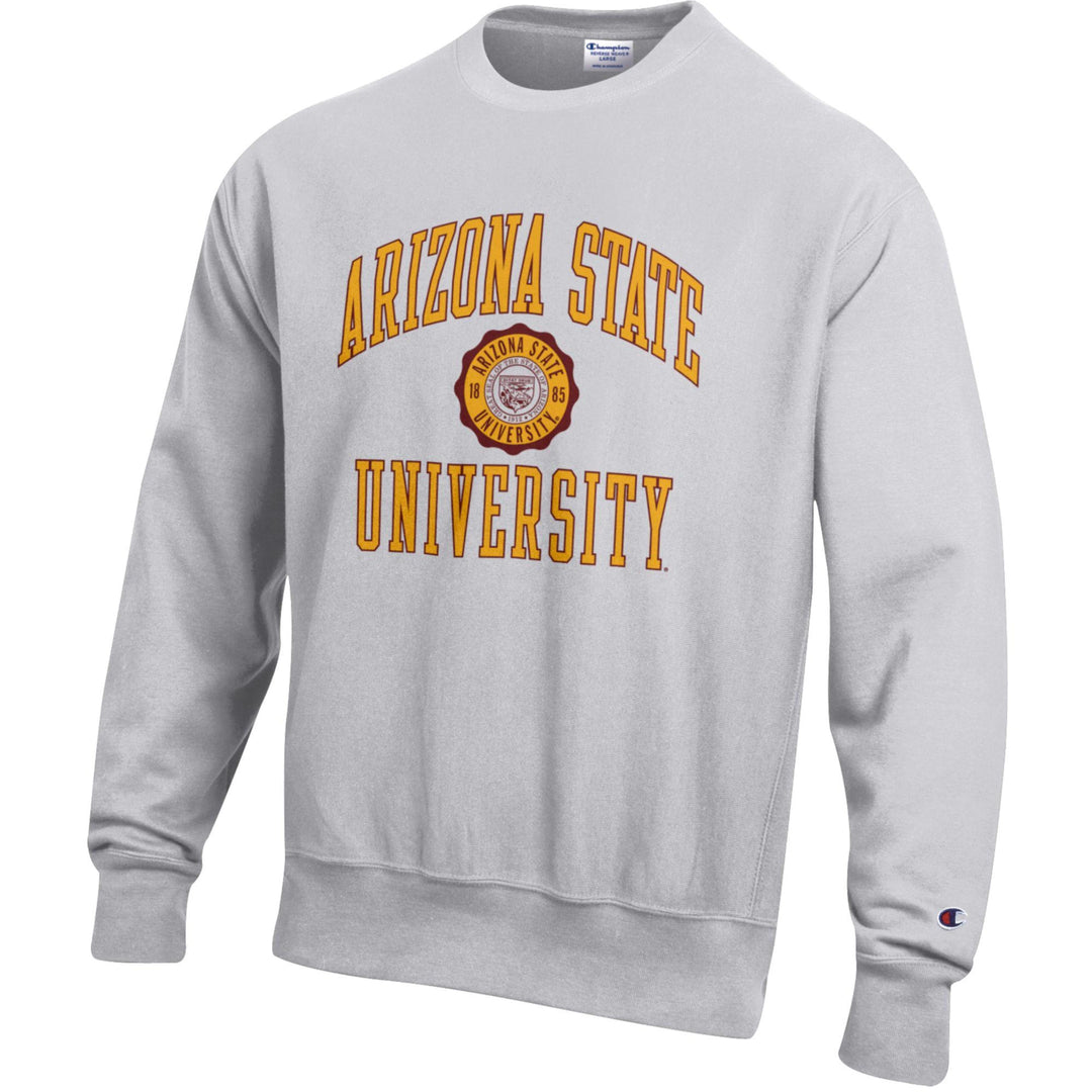 Grey long sleeve crew neck sweater with 'Arizona State University' in gold across the chest and the ASU seal in the center
