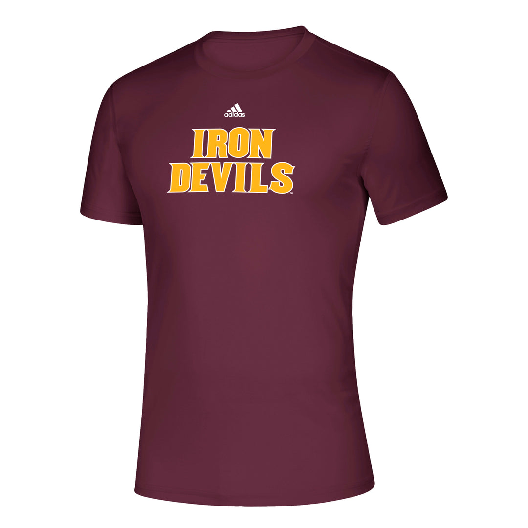 ASU maroon t-shirt with "Iron devils" on chest in gold and a small adidas logo above