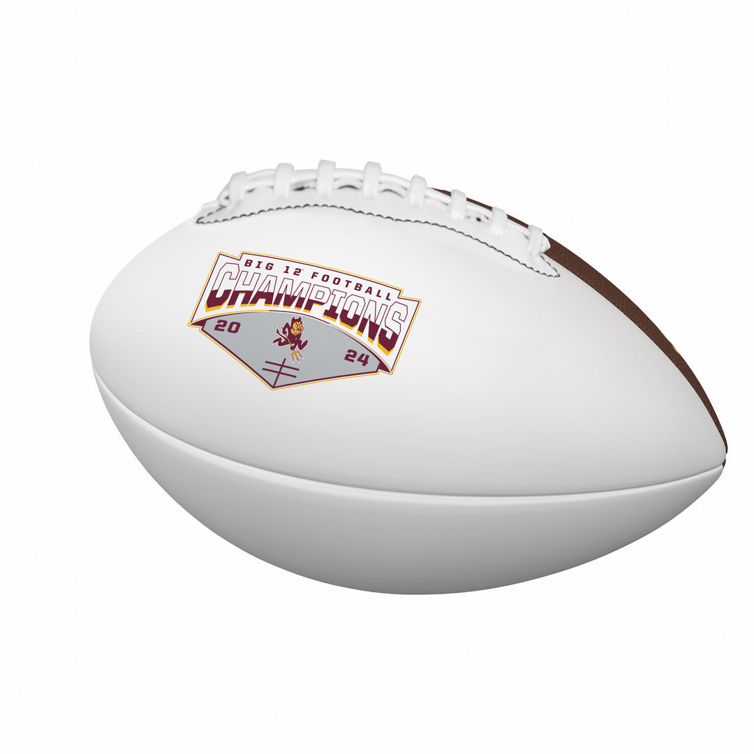 White football with black outline around laces, "Big 12 Football Champions 2024" in the center with charging Sparky