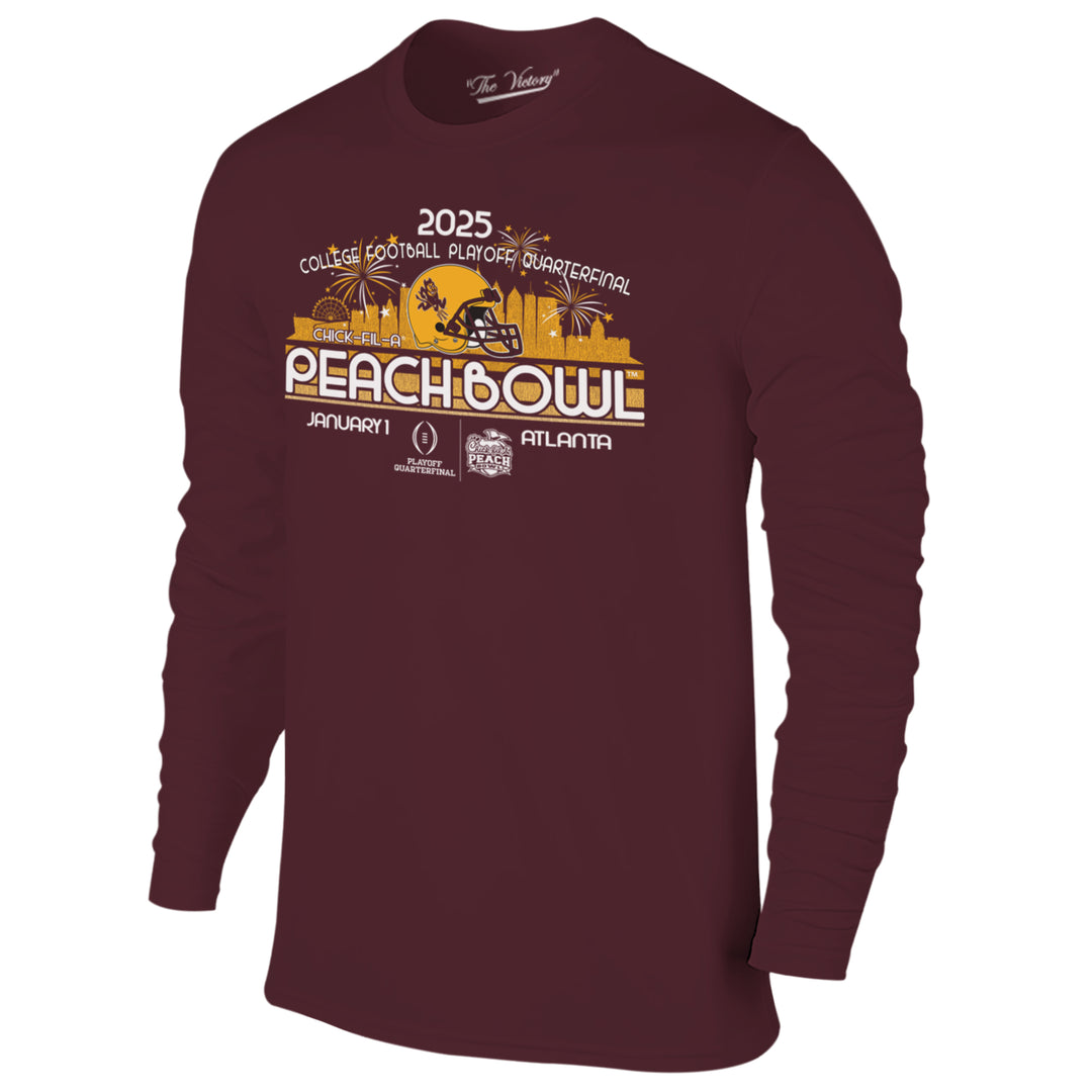 Long sleeve maroon tee with "2025" over "College Football Playoff Quaterfinal" above Atlanta,GA, silhouette skyline with gold Sparky helmet in the center, "Chick-Fil-A" to the right, "Peachbowl" across the chest over "January" Playoff Quarterfinal and Chick-Fil-A Peach Bowl logos "Atlanta"
