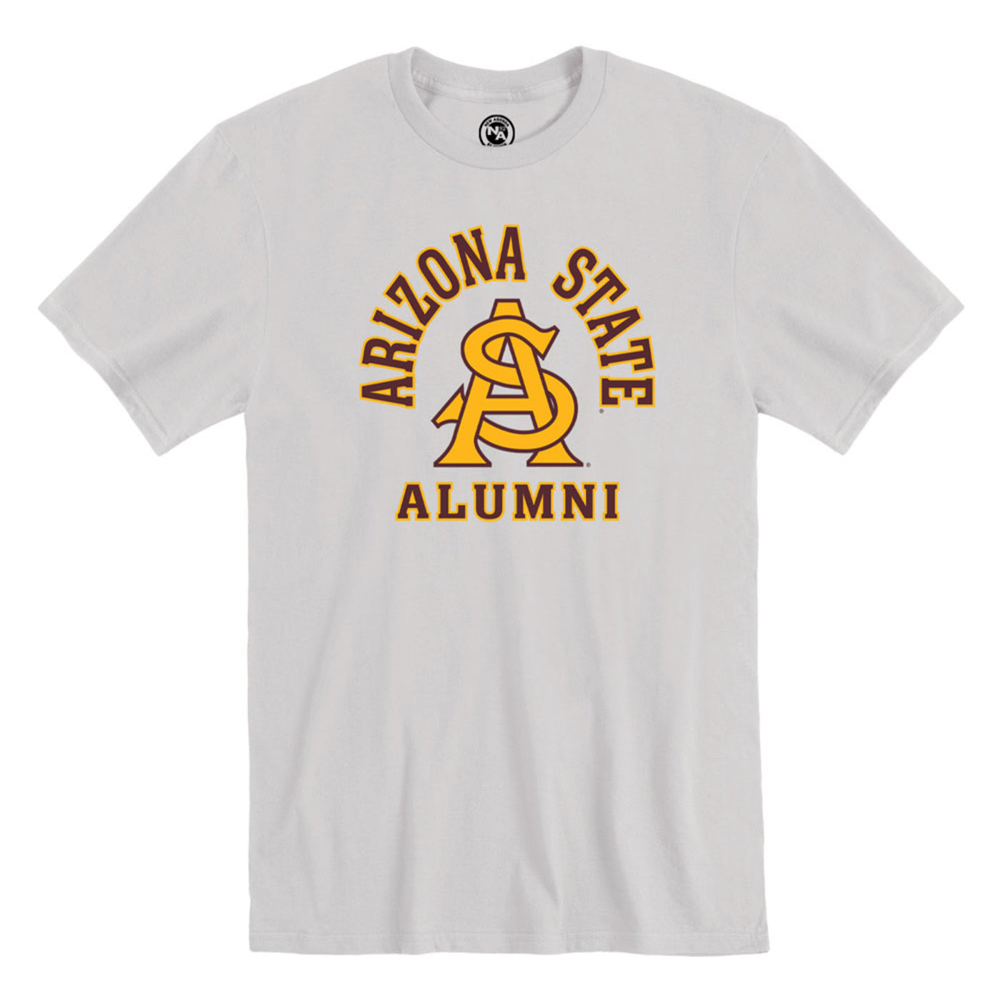 ASU light grey tee with an interlocking A and S in gold with maroon outline in the middle. Above this is 