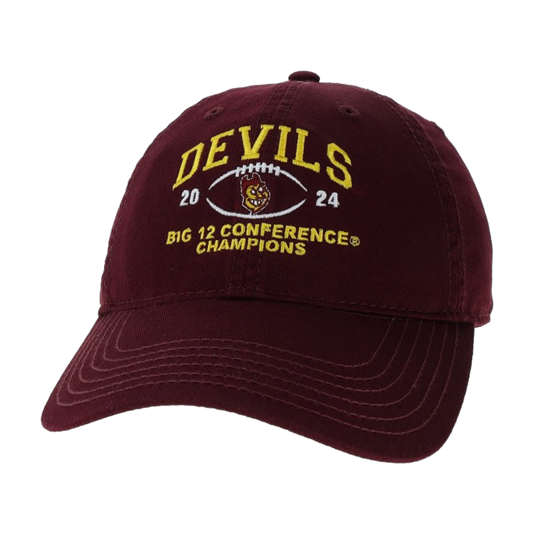 Maroon baseball style hat with "Devils" in gold over  "Big 12 Conference Champions"  in gold split up with 20, and stitched football with Sparky head inside, 24 in white