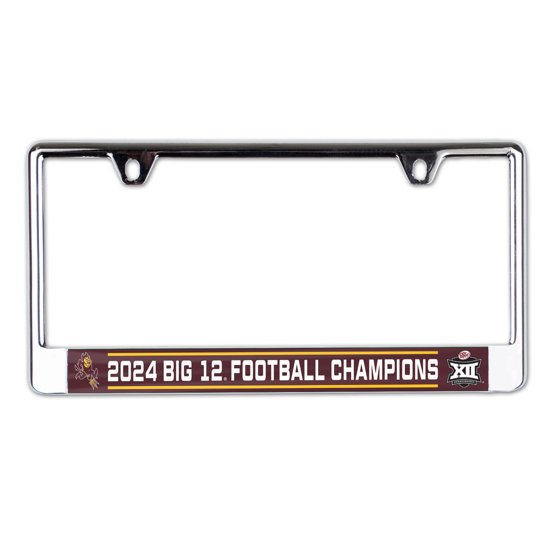 Silver Metal License Plate frame with Small Sparky Logo on the bottom left, "2024 Big 12 Football Champions" text in the bottom center, and Big 12 Championship Logo on the bottom right, with Maroon Background and Gold stripes above and below the text.
