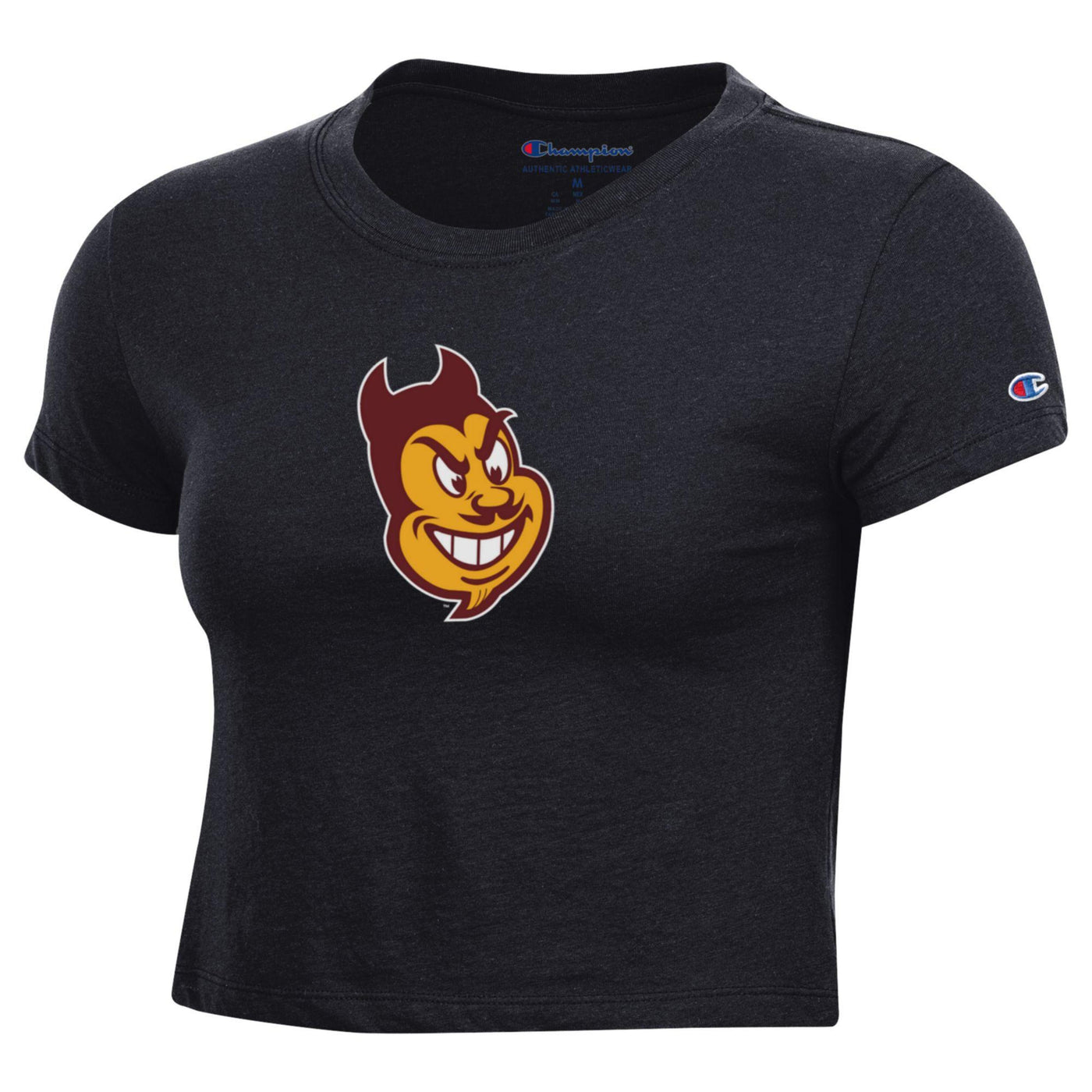 ASU black cropped t shirt with an image of Sparky head in the center. The left sleeve has a small embroidered champion logo.