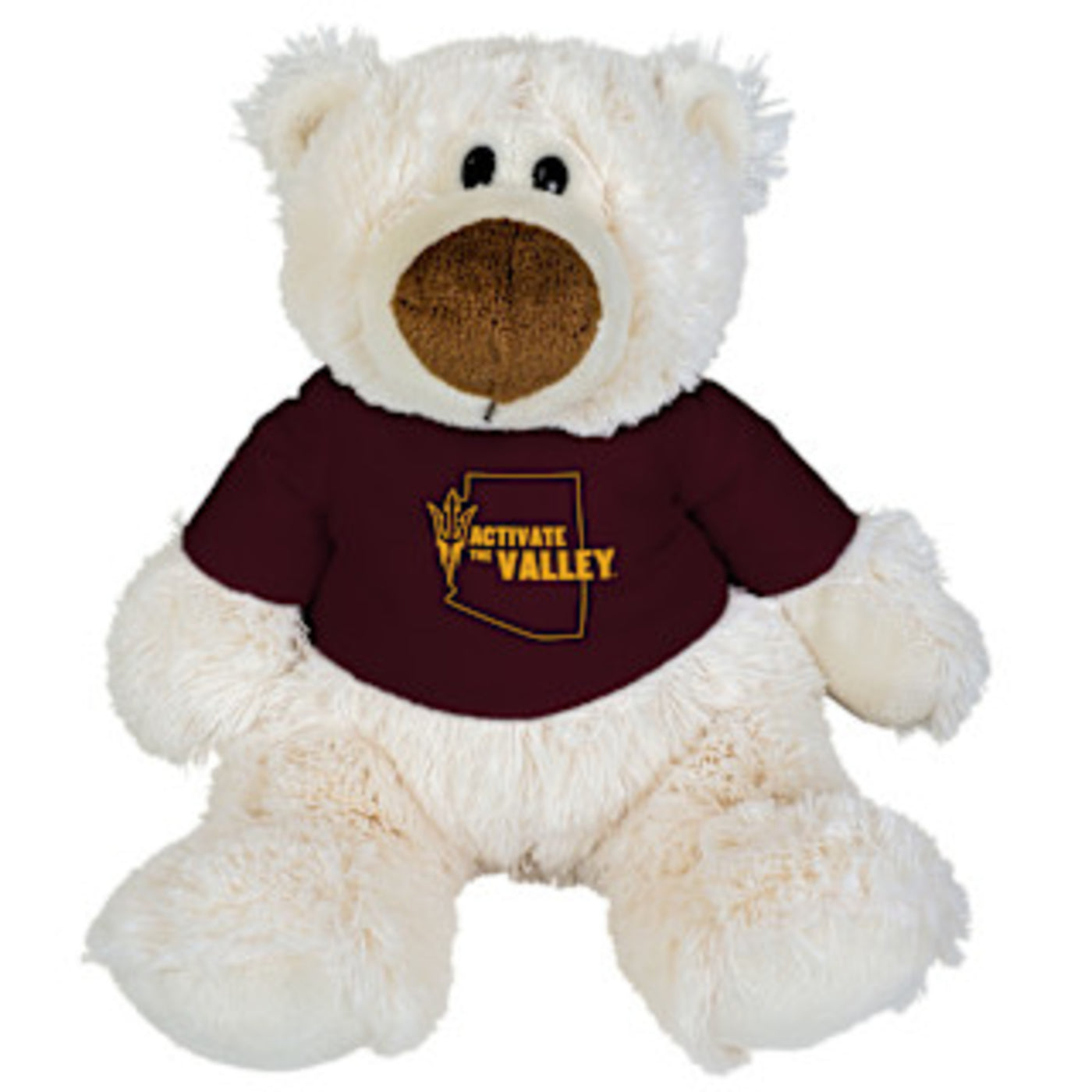 White bear with black eyes and brown nose with maroon tee, Activate the Valley logo in the center of the tee