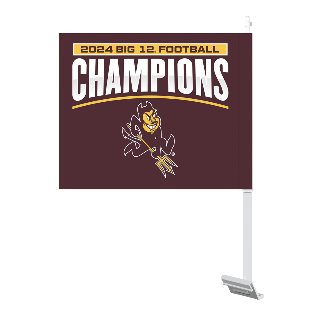 Maroon car window flag "2024 Big 12 Football Champions" over charging Sparky