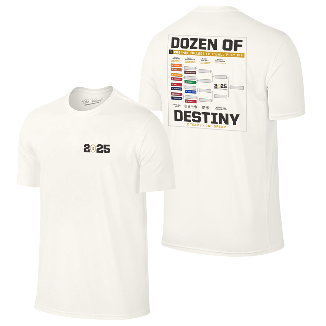Off white color tee with 2025 CFP logo on left breast, back college playoff teams through quarterfinals in bracket form with "Dozens of Destiny" in black sandwiching bracket