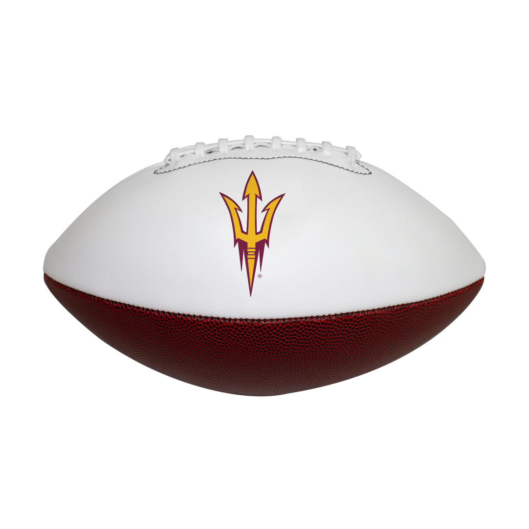 An ASU full-size autograph football with a red and white striped pattern on the panels and a large ASU logo on the top white panel.