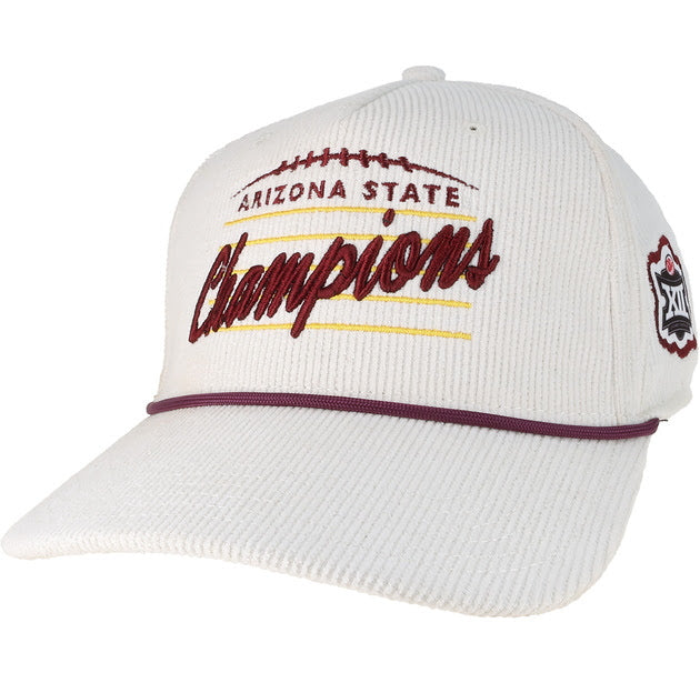 White colored corduroy with maroon rope outline on the brim, football lace design in maroon over "Arizona State Champions", Big XII logo on left side