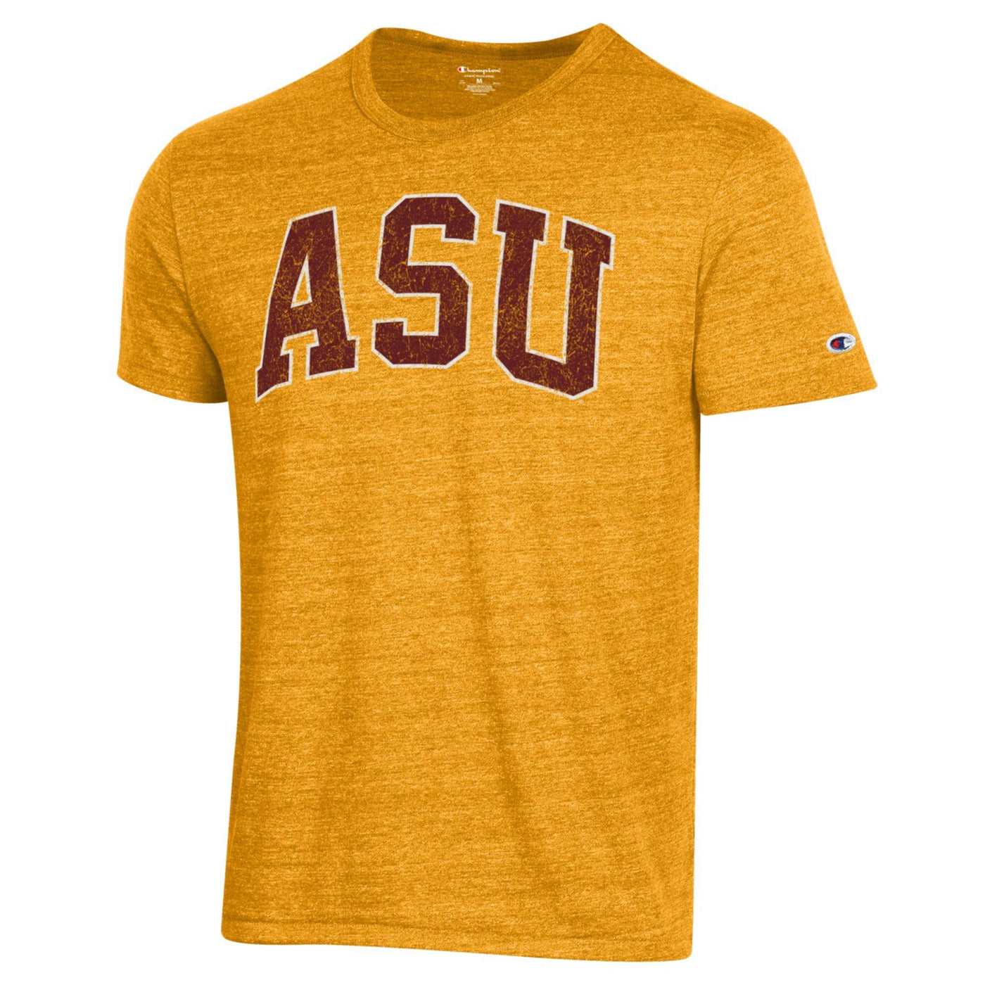 ASU gold t shirt with maroon letters outline in white saying 