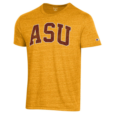 ASU gold t shirt with maroon letters outline in white saying "ASU" across the chest.