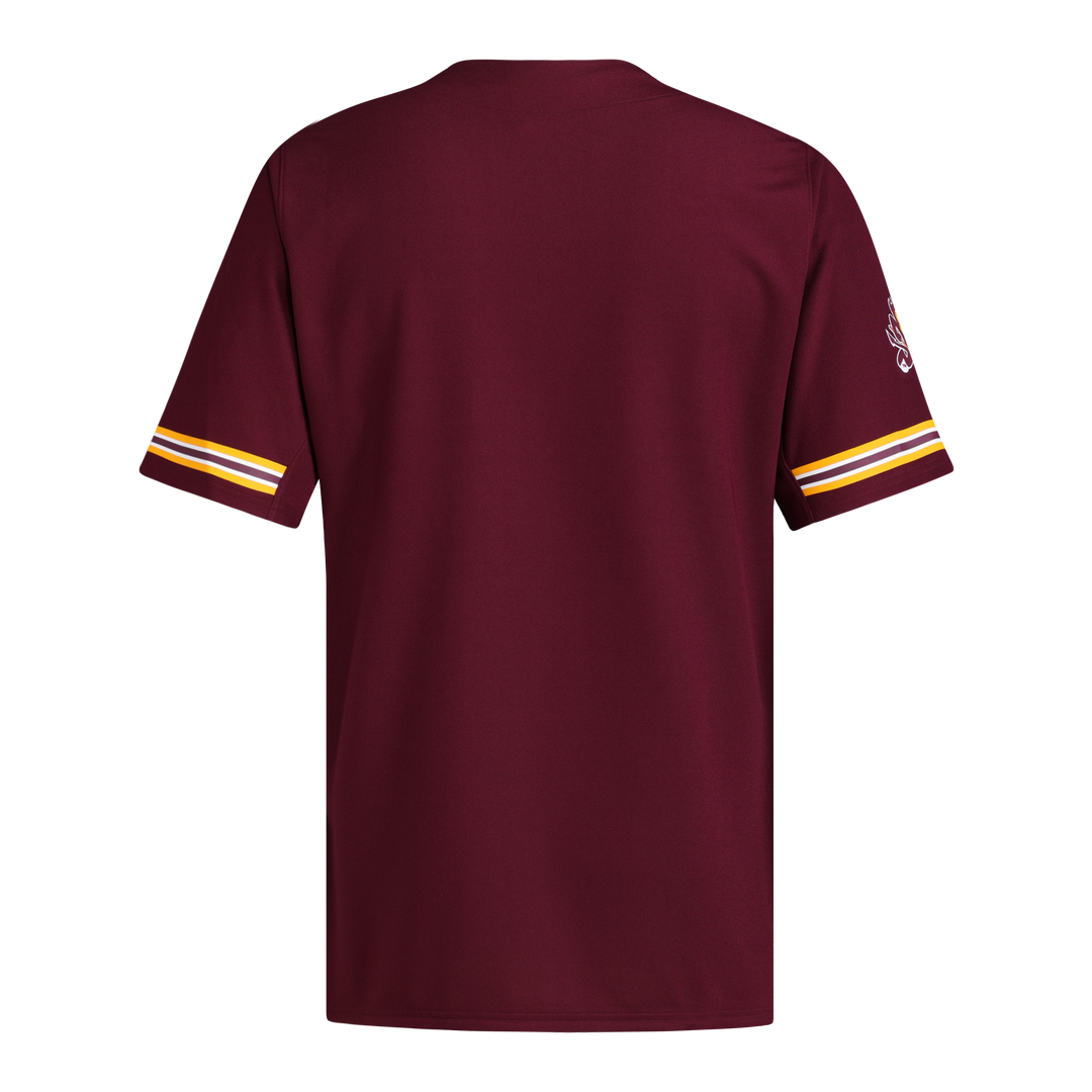 Back of maroon short sleeve baseball jersey maroon, gold, and white stripes ling hem of sleeves and charging Sparky on right arm