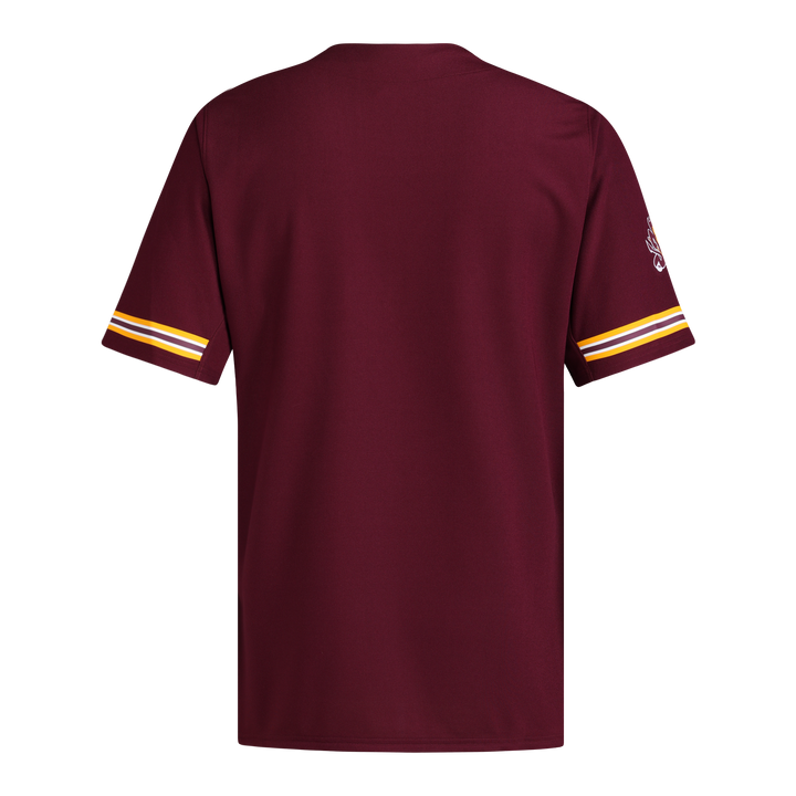 Back of maroon short sleeve baseball jersey maroon, gold, and white stripes ling hem of sleeves and charging Sparky on right arm