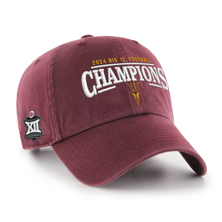 Maroon 47 brand hat. "2024 Big 12 Football" written at top in gold. Champions in larger white letters written below. Gold pitchfork at the bottom.
