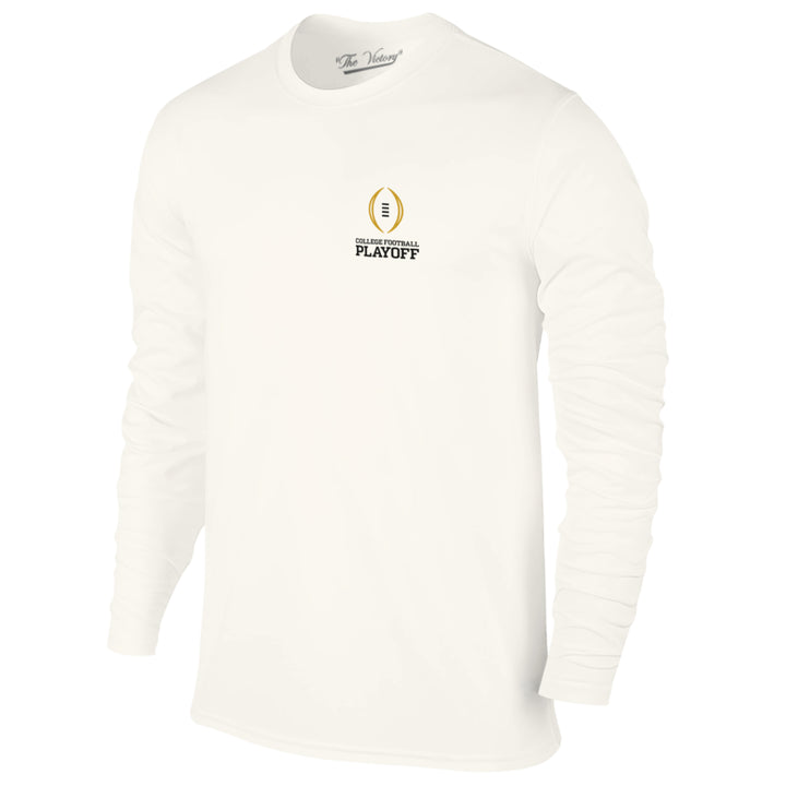 Long sleeved white tee with College Football Playoff logo on left breast