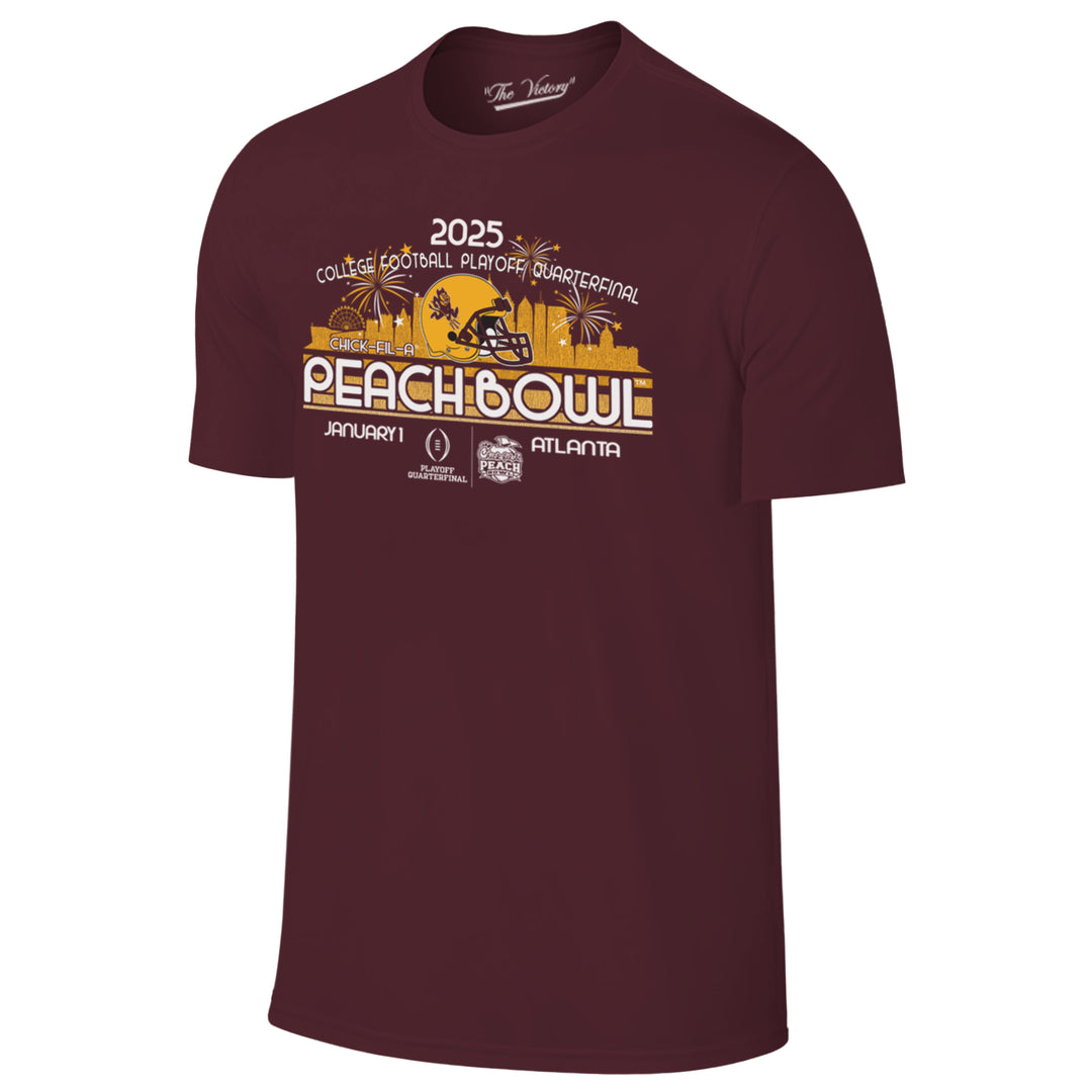 Short sleeve maroon tee with "2025" over "College Football Playoff Quaterfinal" above Atlanta,GA, silhouette skyline with gold Sparky helmet in the center, "Chick-Fil-A" to the right, "Peachbowl" across the chest over "January" Playoff Quarterfinal and Chick-Fil-A Peach Bowl logos "Atlanta"
