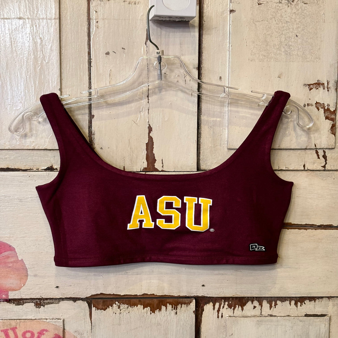 Cropped ASU tank top in maroon. Text in classic lettering reads 'ASU' in gold outlined in white. 