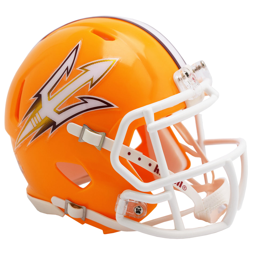 ASU gold mini helmet with a white pitchfork outlined in a black to gold ombre