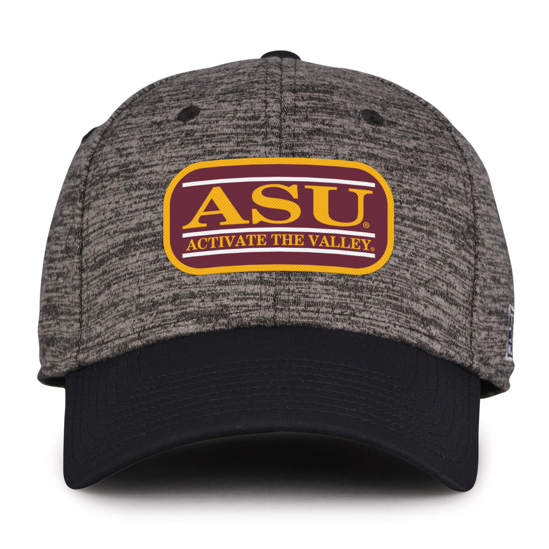 Faded black cap with black brim and maroon and gold patch in the center with 'ASU' over 'Activate the Valley'.