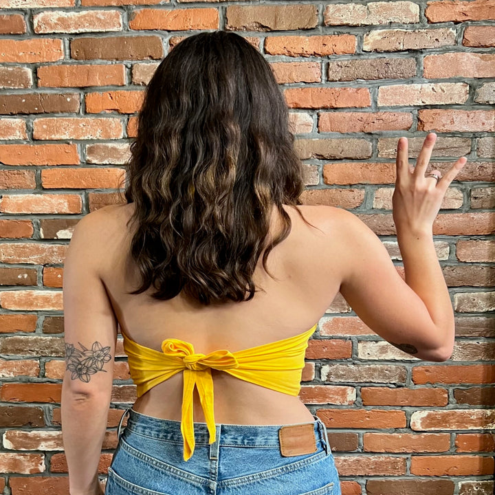 Back of model wearing cropped halter top with a tie back. 