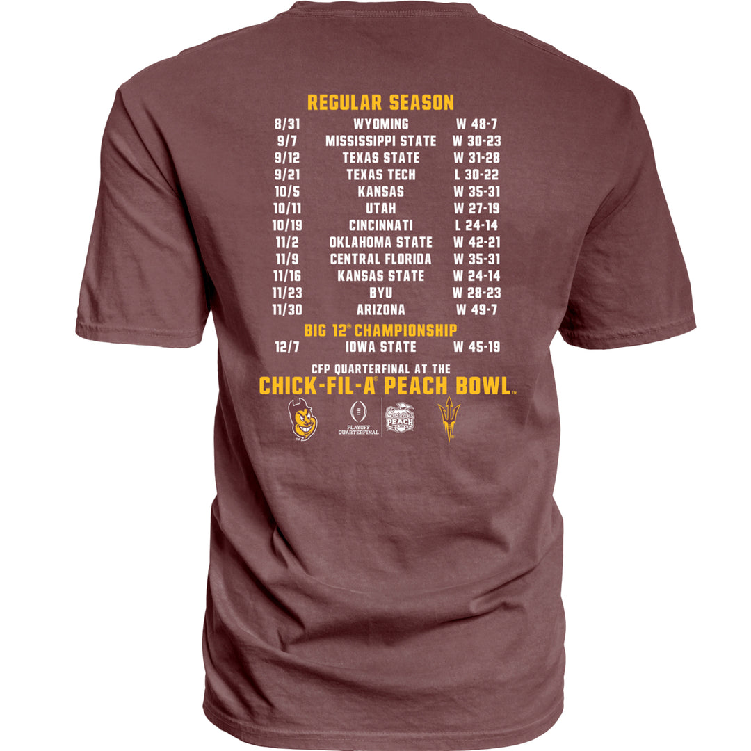 Short sleeve maroon tee with ASU football season 2024-25 through Chick-Fil-A Peach Bowl listed, Sparky head Playoff Quarterfinal and Chick-Fil-A Peach Bowl logos and maroon and pitchfork on the bottom