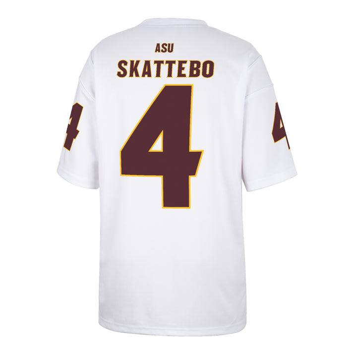 White replica jersey. The front features a large #4 in maroon with gold outline. The #4 in the same colors is featured on the sleeves and on the back. On the back there is also "ASU" written above "Skattebo" in the same maroon lettering with gold outline