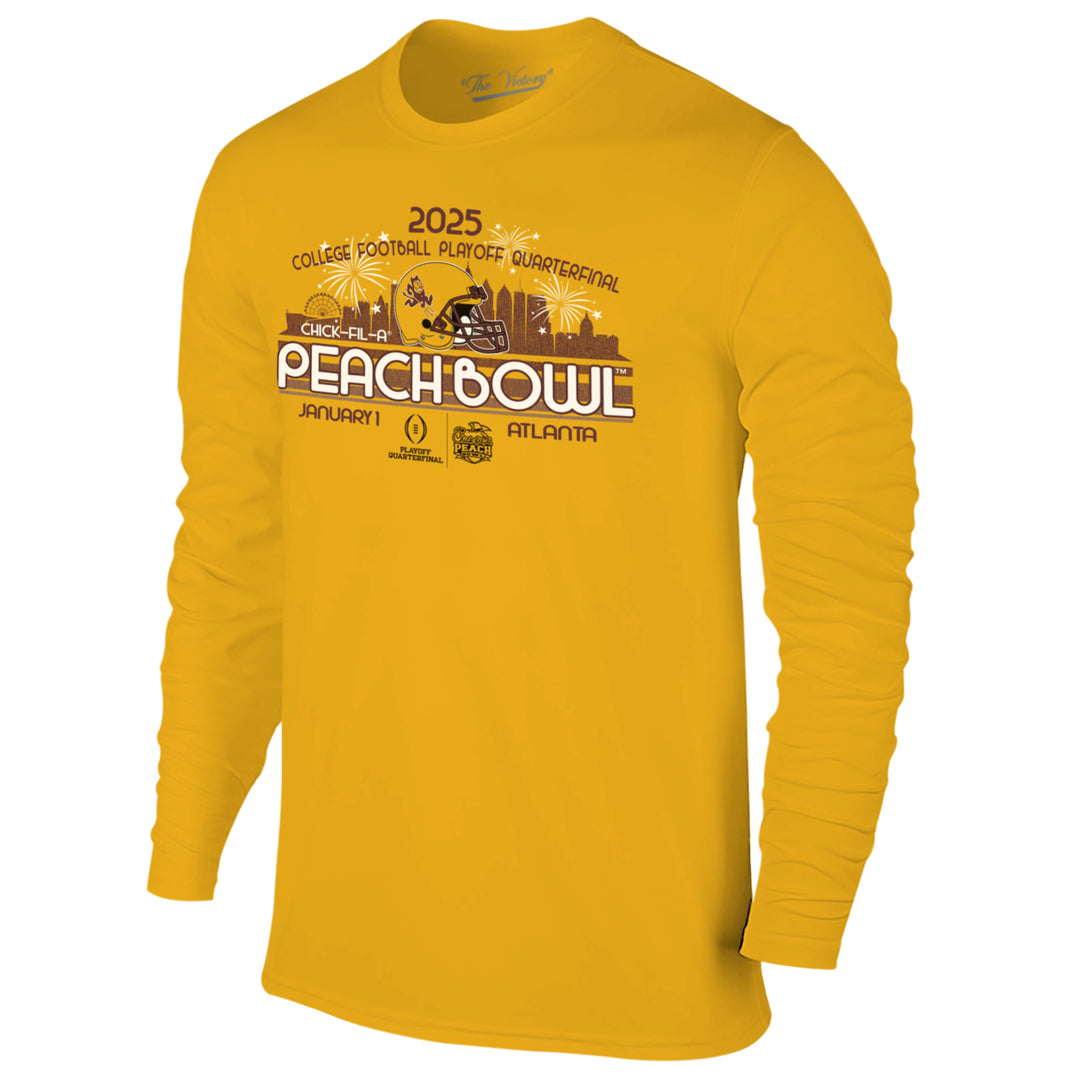 Long sleeve gold tee with "2025" over "College Football Playoff Quaterfinal" above Atlanta,GA, silhouette skyline with gold Sparky helmet in the center, "Chick-Fil-A" to the right, "Peachbowl" across the chest over "January" Playoff Quarterfinal and Chick-Fil-A Peach Bowl logos "Atlanta"