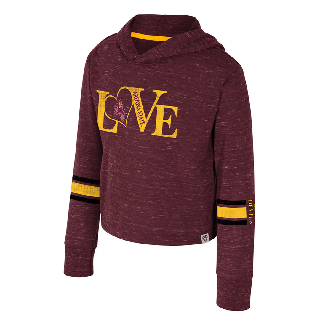 Maroon sweater with hood. Gold and black stripes around the sleeves with "Sun Devils" written in gold. Across the chest is written "Love" in gold with Arizona State written on the V. The O in Love is a heart with Sparky in the middle