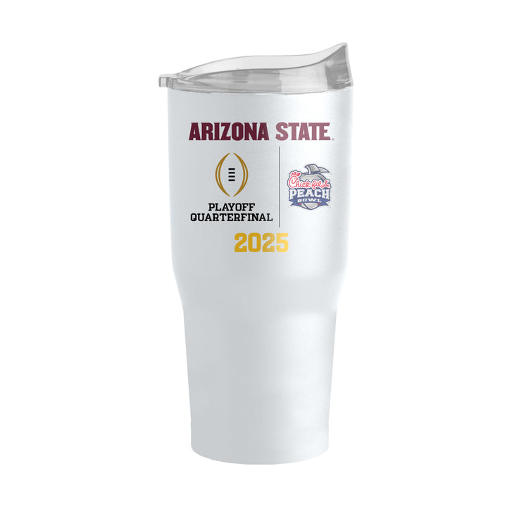 White tumbler with clear sip lid "Arizona State" in maroon on top, Playoff Quarterfinal and Chick-Fil-A Peach Bowl logos in the center, "2024" in gold on the bottom on body