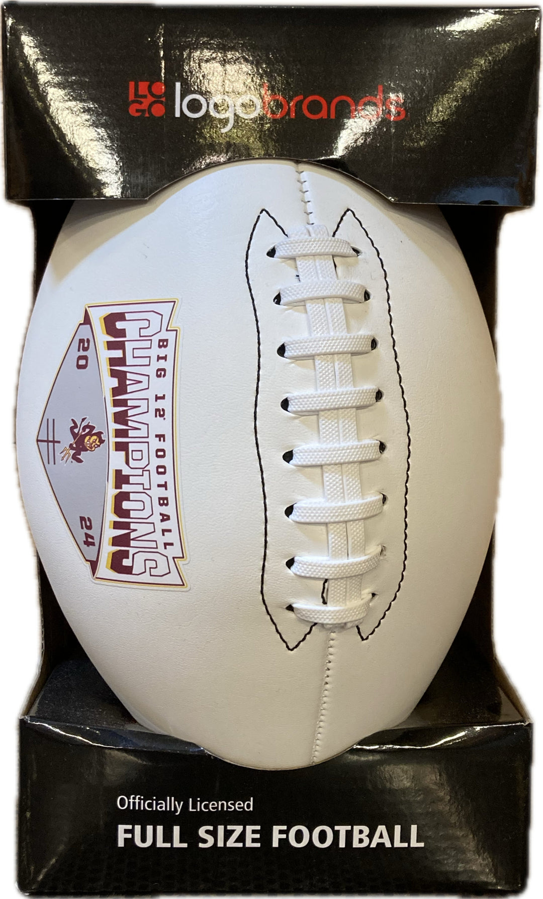 Front of white football in packaging by Logo Brands, black trim around laces "Big 12 Football Champions 2024" in the center with charging Sparky on the side