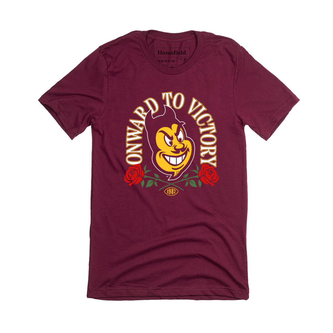 Maroon short sleeve tee with Sparkyface in the center over two crossed red roses and "Onward to Victory' arched over in white.
