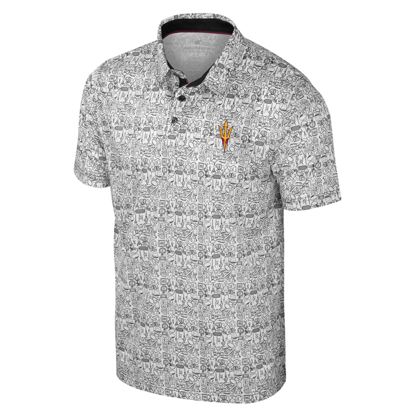 A white polo with small drawings of footballs, coaches, drinks with the pitchfork emblem on the left breast.