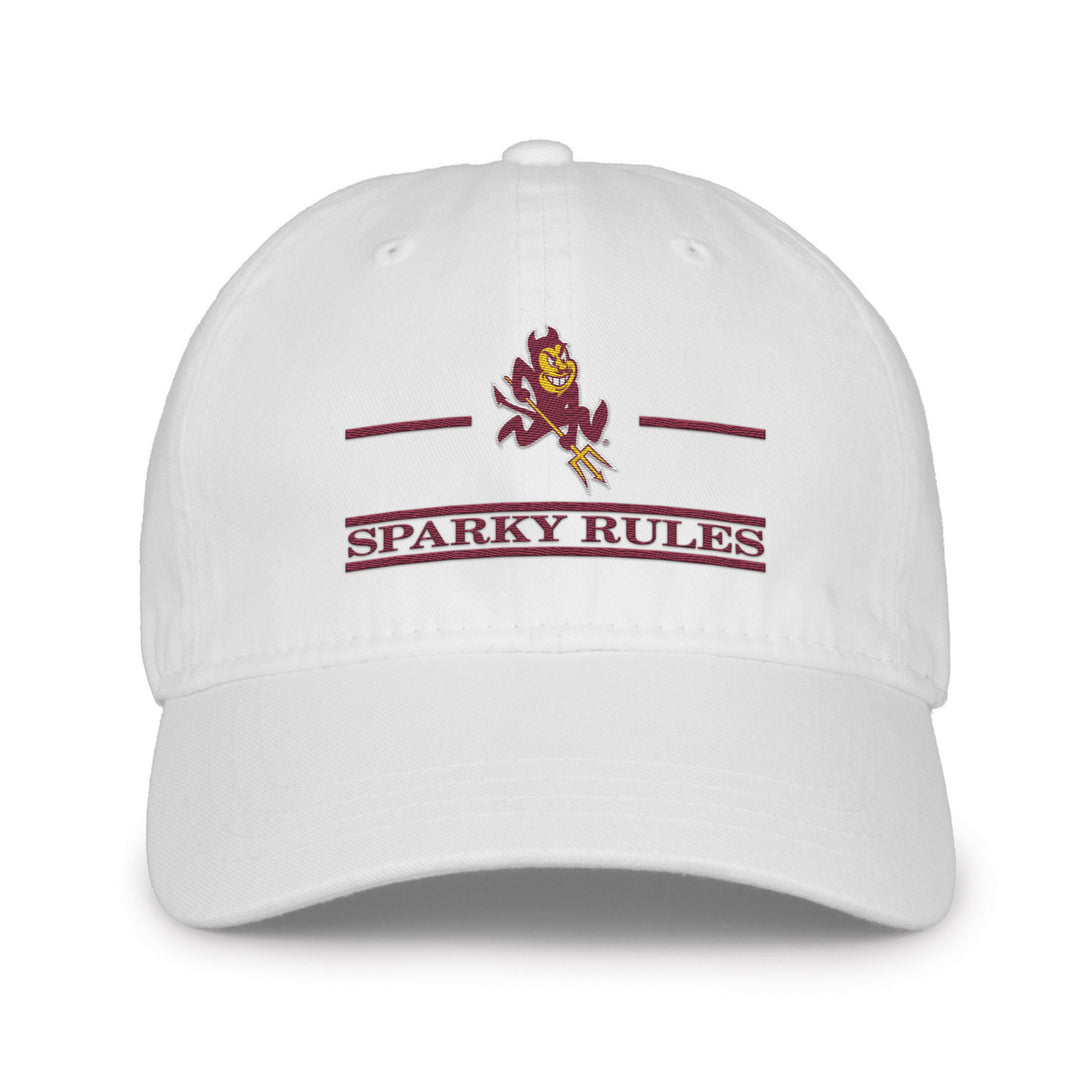 ASU white hat with "Sparky Rules" with maroon lines above and below it. Above this is a Sparky image between two horizontal maroon lines.