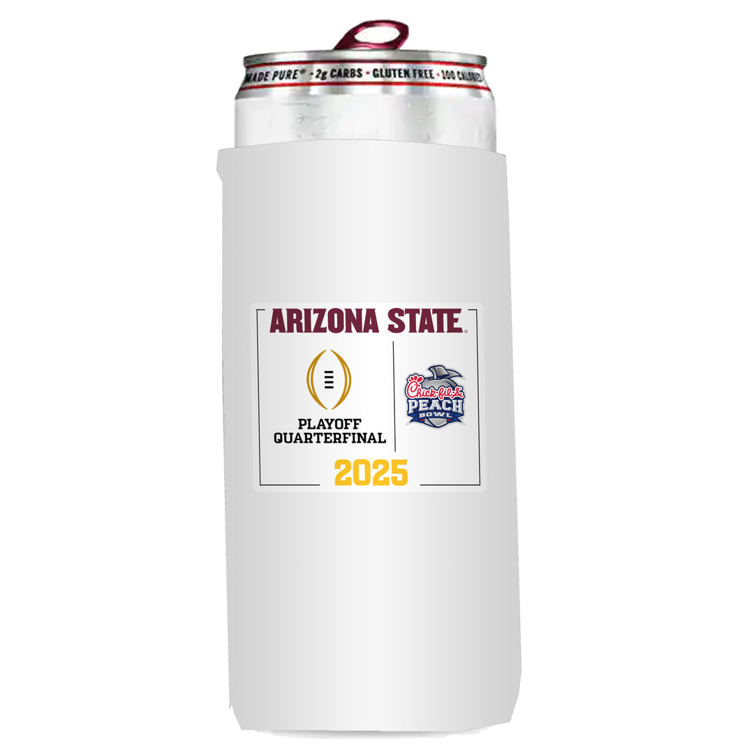 White tall can coozie "Arizona State" in maroon on top, Playoff Quarterfinal and Chick-Fil-A Peach Bowl logos in the center, "2024" in gold on the bottom