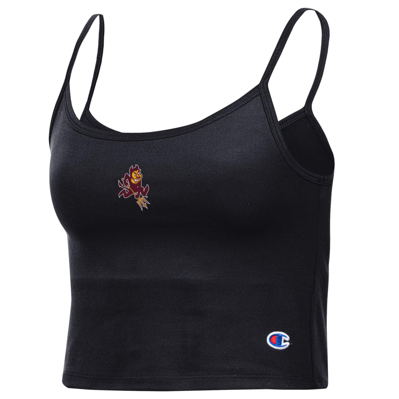 ASU black cami top with a small image of Sparky in the center of the chest. There is a small embroidered champion logo in the bottom left of the shirt.