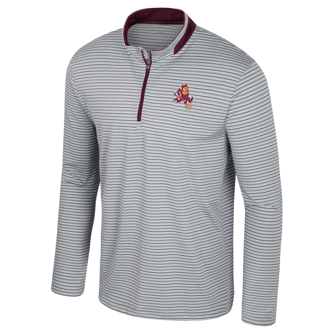 Long sleeve with dark and light grey and white stripes, maroon quarter zip, high collar with maroon stripe 2/3rds around back of neck, charging Sparky on left breast
