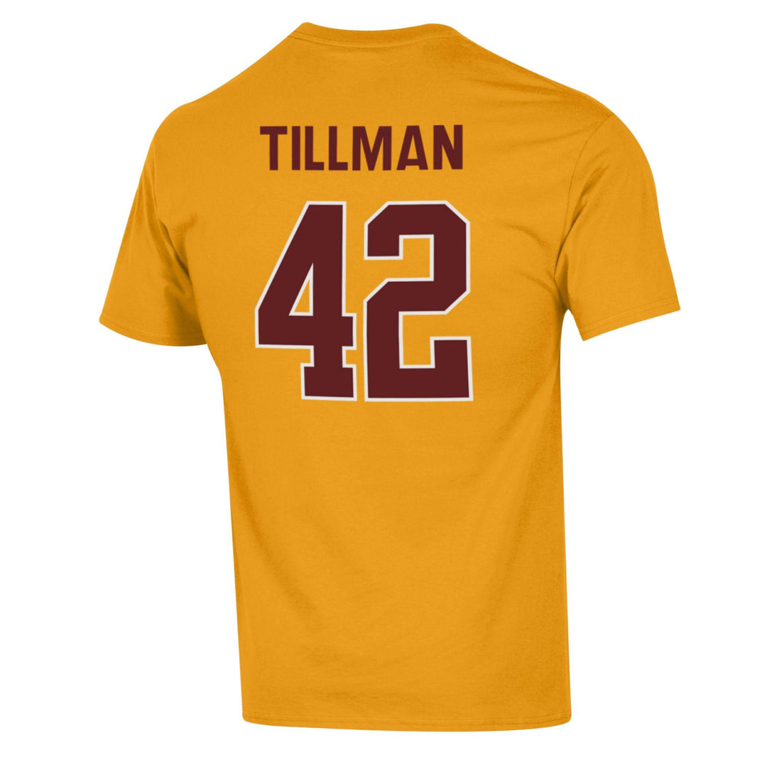 ASU gold t shirt with "Tillman" in maroon letters and "42" in maroon outlined in white